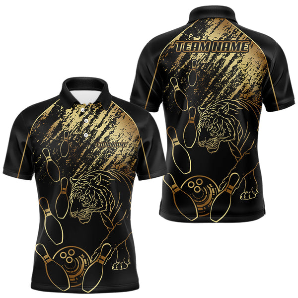 Maxcorners Personalized Black and Gold Tiger Bowling Polo, Quarter Zip Shirts For Men Custom Bowling Team Jersey MT707