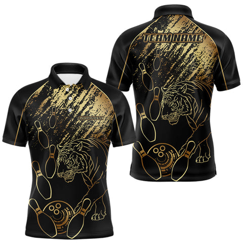 Maxcorners Personalized Black and Gold Tiger Bowling Polo, Quarter Zip Shirts For Men Custom Bowling Team Jersey MT707