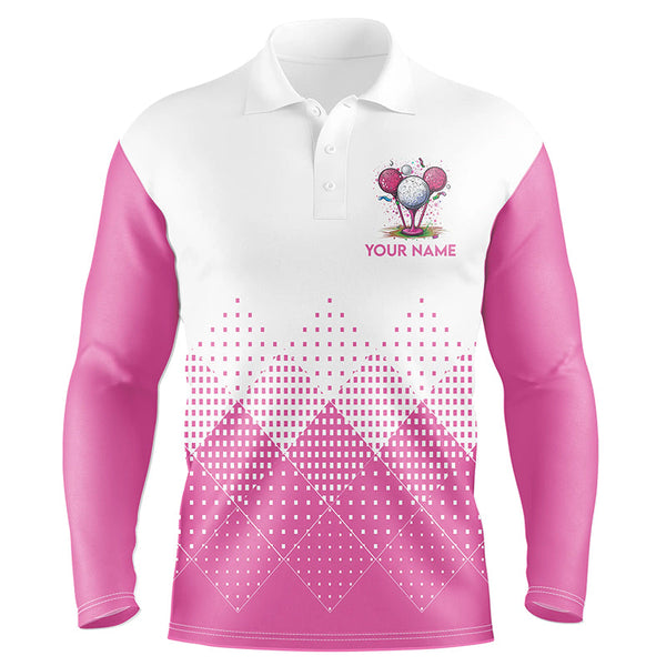 Maxcorners White and Pink argyle plaid pattern Men's custom golf shirts, personalized golf gifts for men