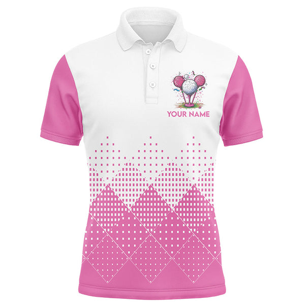 Maxcorners White and Pink argyle plaid pattern Men's custom golf shirts, personalized golf gifts for men