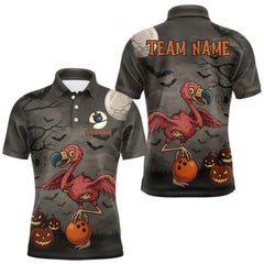 Maxcorners Funny Flamingo Halloween Bowling Polo, Quarter Zip Shirt For Men Custom Halloween Bowling Team Jersey LM1809