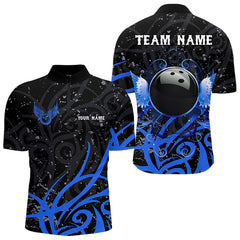 Maxcorners Black And Blue Camo Bowling Polo, Quarter Zip Shirts For Men Custom Team Bowling Jersey Bowlers Outf