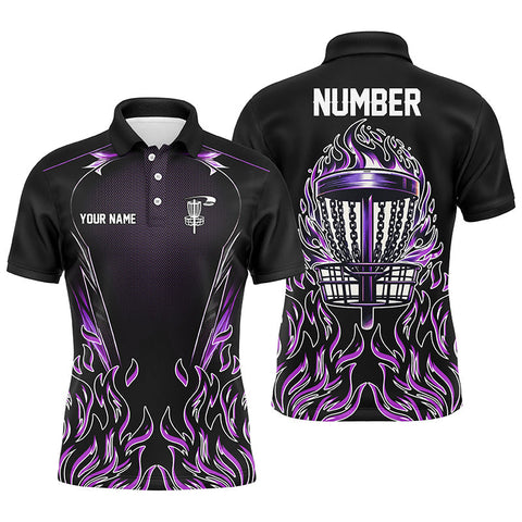 Maxcorners Purple flame Mens Disc golf polo shirts custom black disc golf fire jerseys, disc golf shirts MT0510