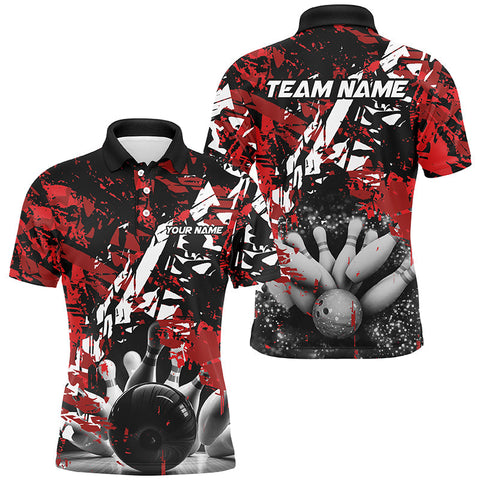 MaxCorners Black And Red Camo Customized Name 3D Bowling Polo Shirt For Men