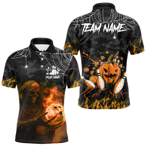 Maxcorners Black Bowling Camo Orange flame Skull Custom Halloween Bowling Shirts For Men, Bowling Team Jerseys LM1809