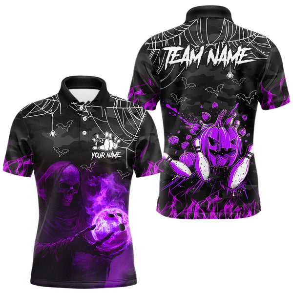 Maxcorners Black Bowling Camo Purple flame Skull Custom Halloween Bowling Shirts For Men, Bowling Team Jersey LM1809
