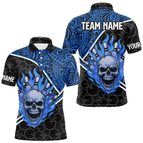 Maxcorners Black and Blue Flame Skull tribal pattern camo Bowling Shirts for Men Custom Bowling Team Jersey MT1810