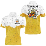 Maxcorners Custom White And Yellow Funny Beer Bowling Men Polo, Quarter Zip Shirts, Beer Glass Bowling Jersey LM3010