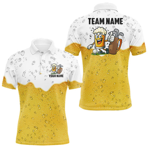 Maxcorners Custom White And Yellow Funny Beer Golf Polo Shirts For Men, Funny Beer Glass Mens Golf Outfit MT1810