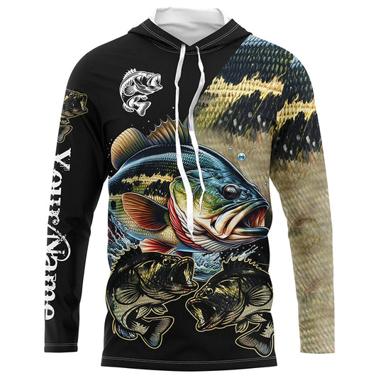 Maxcorners Largemouth Bass Fishing scales Customize name 3D All Over Printed fishing Long sleeve shirts LM0201