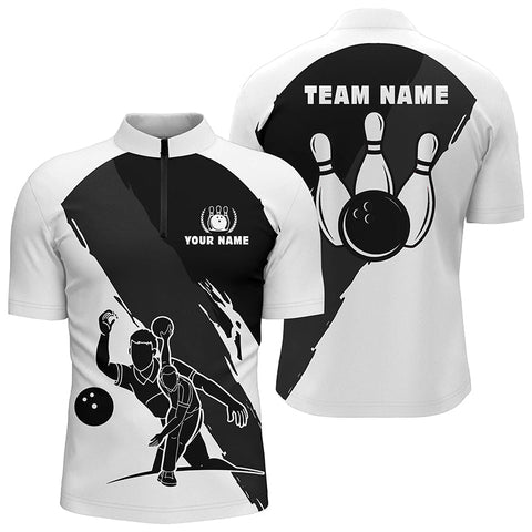 MaxCorners Bowling Ball And Pins Black White Customized Name, Team Name 3D Stand Collar Zipper Polo Shirt