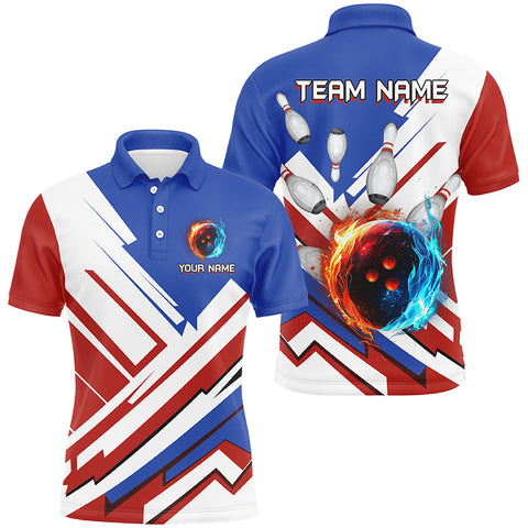 MaxCorners Bowling And Pins Red, White And Blue Flame Customized Name, Team Name 3D Polo Shirt Unisex