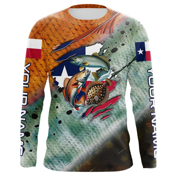 Maxcorners Texas slam redfish trout flounder scales Texas flag Custom patriotic fishing long sleeve shirts LM0607