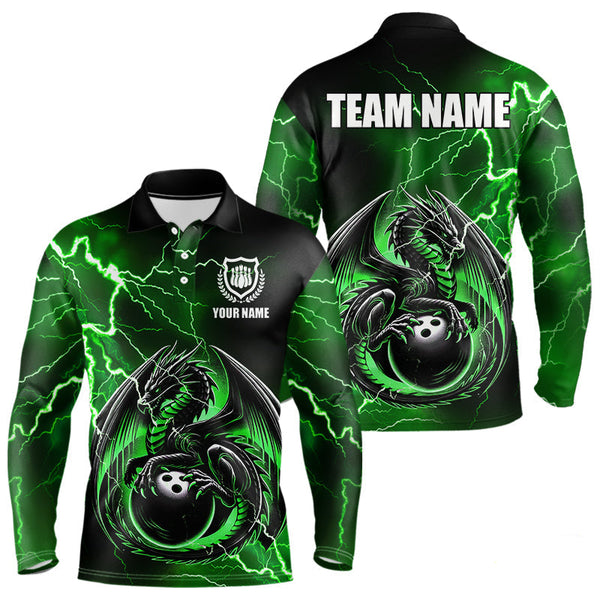 Maxcorners Personalized Black And Green Thunder Lightning Dragon Bowling Shirts For Men, Bowling Team Uniform LM2007