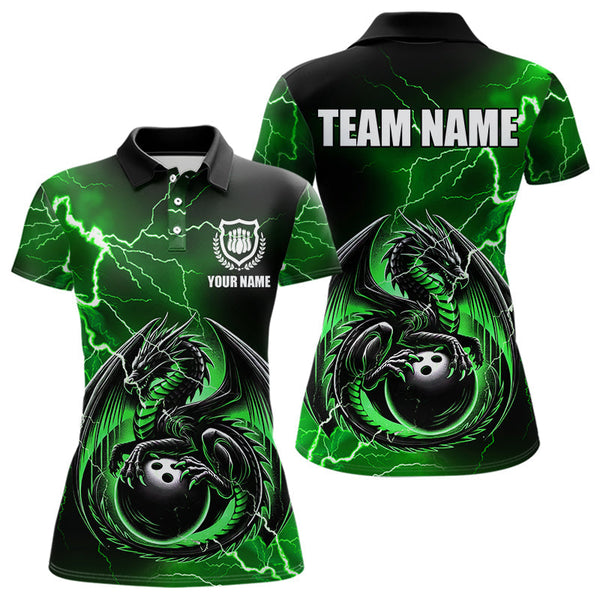 Maxcorners Personalized Black And Green Thunder Lightning Dragon Bowling Shirts For Men, Bowling Team Uniform LM2007