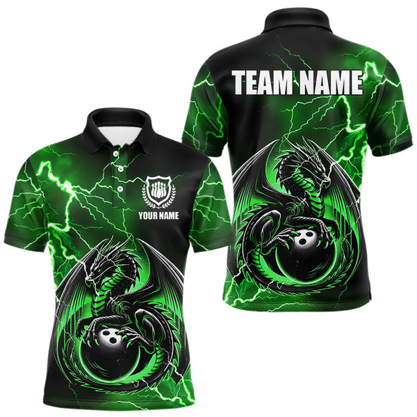 Maxcorners Personalized Black And Green Thunder Lightning Dragon Bowling Shirts For Men, Bowling Team Uniform LM2007