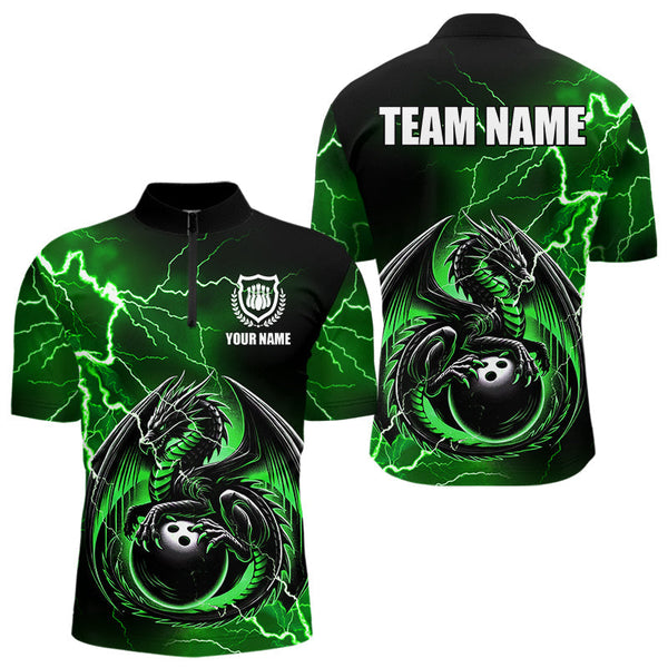 Maxcorners Personalized Black And Green Thunder Lightning Dragon Bowling Shirts For Men, Bowling Team Uniform LM2007