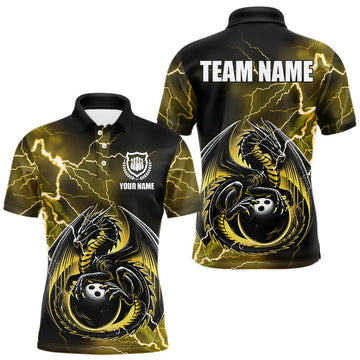 Maxcorners Personalized Black And Yellow Thunder Lightning Dragon Bowling Shirts For Men, Bowling Team Uniform LM2007