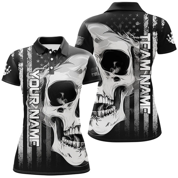 Maxcorners Bowling And Pins Skull American Flag Bowler Jerseys Customized Name, Team Name 3D Polo Shirt