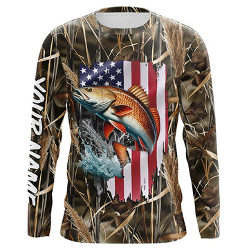 Maxcorners American flag Redfish fishing camo Customize Name long sleeves fishing shirt for men LM0501