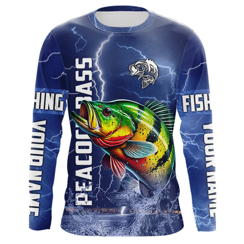 Maxcorners Peacock Bass Fishing blue lightning jerseys custom performance Long Sleeve tournament fishing shirts LM0607