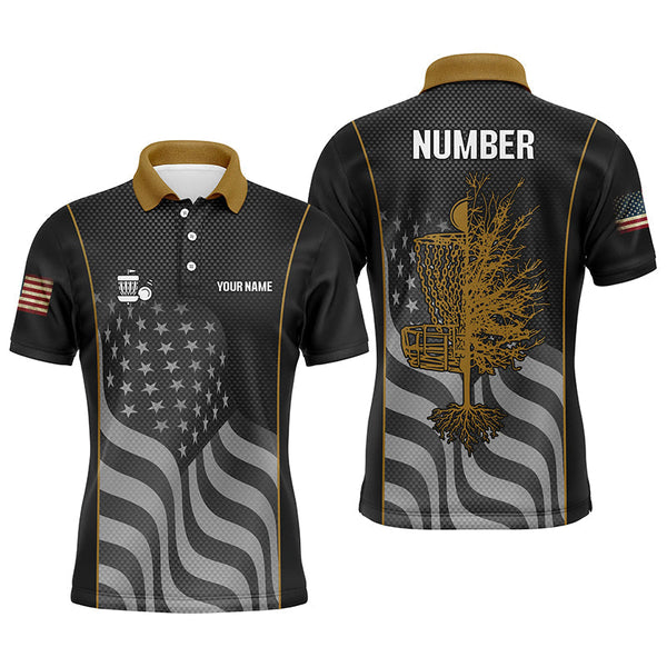 Maxcorners Orange black American flag Mens disc golf polo shirt custom name, number patriotic disc golf jersey MT0510