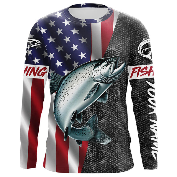 Maxcorners American Flag Salmon Fishing Custom long sleeve performance Fishing Shirts, Salmon Fishing jerseys MT2108