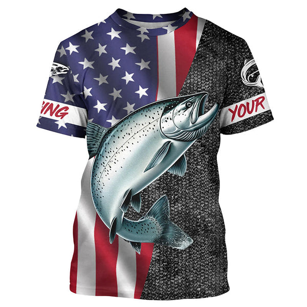 Maxcorners American Flag Salmon Fishing Custom long sleeve performance Fishing Shirts, Salmon Fishing jerseys MT2108