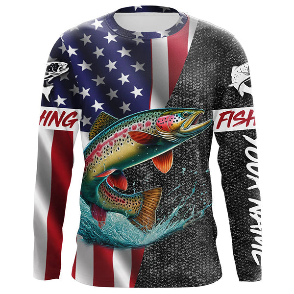 Maxcorners American Flag Rainbow trout Fishing Custom long sleeve performance Fishing Shirt, Trout Fishing jersey MT2108