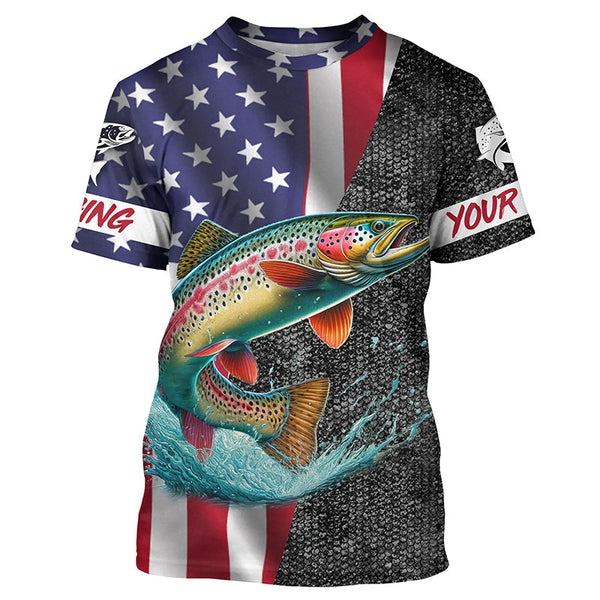 Maxcorners American Flag Rainbow trout Fishing Custom long sleeve performance Fishing Shirt, Trout Fishing jersey MT2108