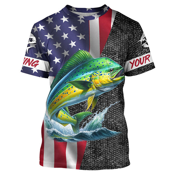 Maxcorners American Flag Mahi Mahi Fishing Custom long sleeve performance Fishing Shirt, Dorado Fishing jersey MT2108