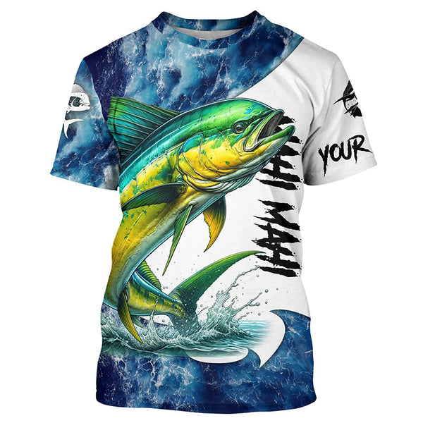 Maxcorners Mahi Mahi Fishing blue ocean sea wave camo Custom long sleeve performance fishing jerseys shirts MT2108