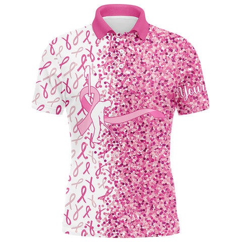 Maxcorners Golf Pink Glitter Ribbon  Customized Name 3D Polo Shirt