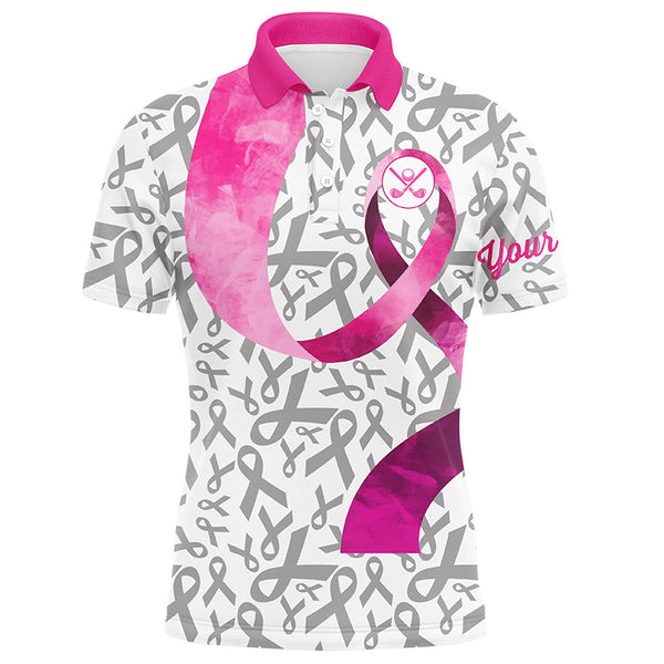 Maxcorners Golf Pink Ribbon Pattern  Customized Name 3D Polo Shirt