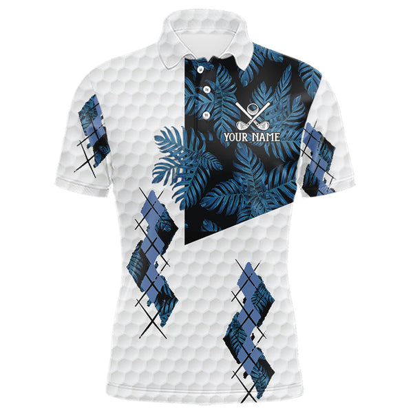 Maxcorners Blue tropical argyle pattern white golf polos shirts for men custom mens golf top, best golf gifts MT2407