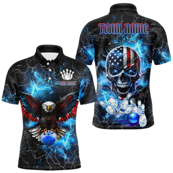 Maxcorners Blue Thunder Lightning American Flag Eagle Skull Mens Bowling Shirts Custom Bowling Team Jersey MT2009