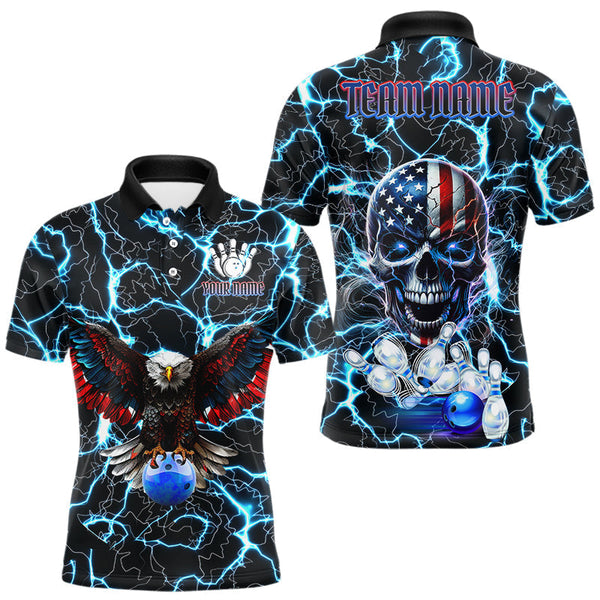 Maxcorners American Flag Eagle Skull Blue Lightning Thunder Mens Bowling Shirts Custom Bowling Team Jersey MT2009