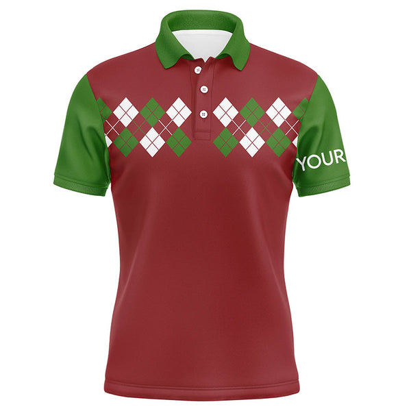 Maxcorners Green, Red and White argyle pattern Mens golf polo shirt custom Christmas golf attire for men