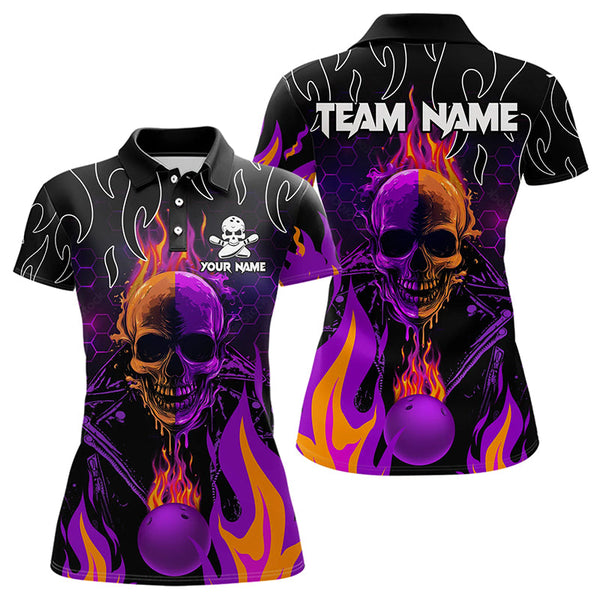 Maxcorners Personalized Purple Flame Skull Bowling Polo Shirts For Men Custom Team Bowling Jerseys