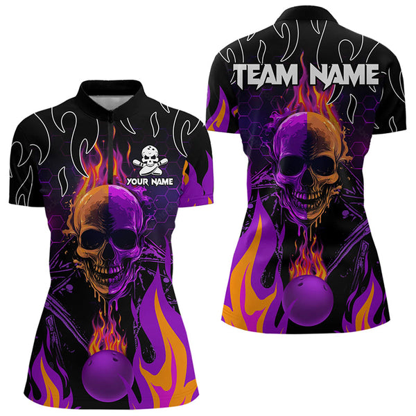 Maxcorners Personalized Purple Flame Skull Bowling Polo Shirts For Men Custom Team Bowling Jerseys