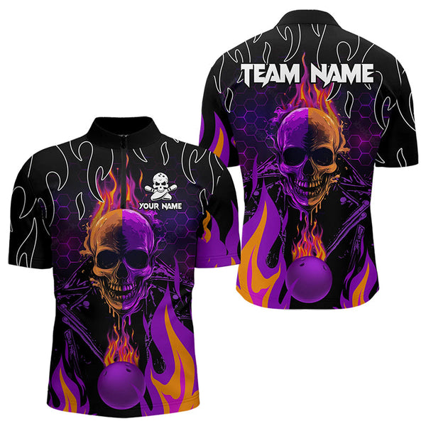 Maxcorners Personalized Purple Flame Skull Bowling Polo Shirts For Men Custom Team Bowling Jerseys