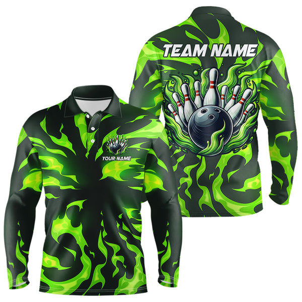 Maxcorners Men & Women Bowling Polo, Quarter Zip Shirts Custom Green Flame Bowling Team Jersey, Gift For Team Bowlers