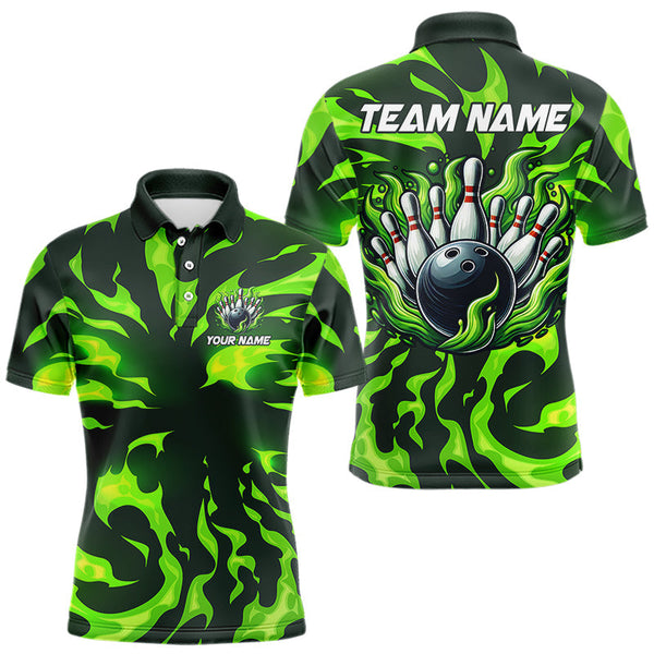 Maxcorners Men & Women Bowling Polo, Quarter Zip Shirts Custom Green Flame Bowling Team Jersey, Gift For Team Bowlers