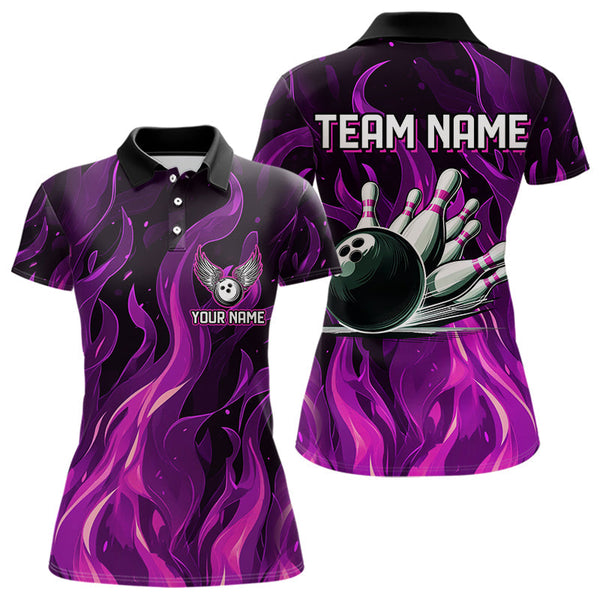 Maxcorners Men & Women Bowling Polo, Quarter Zip Shirts Custom Pink Flame Bowling Team Jersey, Gift For Team Bowlers