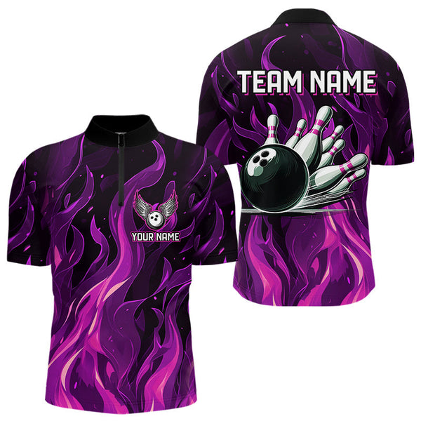 Maxcorners Men & Women Bowling Polo, Quarter Zip Shirts Custom Pink Flame Bowling Team Jersey, Gift For Team Bowlers