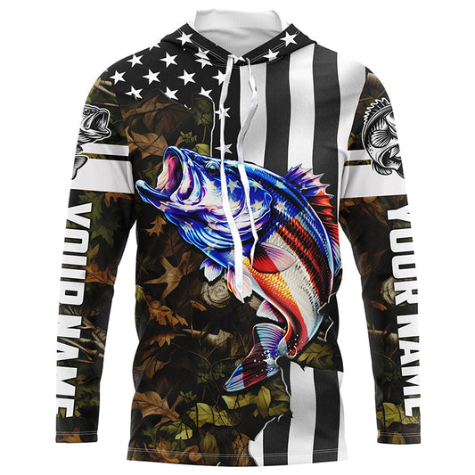 Maxcorners Bass Fishing American Flag black camo Customize UV protection long sleeves fishing shirt for men LM0201