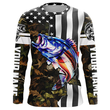 Maxcorners Bass Fishing American Flag black camo Customize UV protection long sleeves fishing shirt for men LM0201
