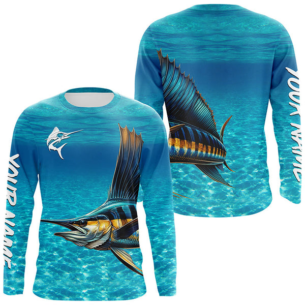 Maxcorners Sailfish fishing blue water camo Custom Name sun protection long sleeve fishing shirt for men, women LM2408