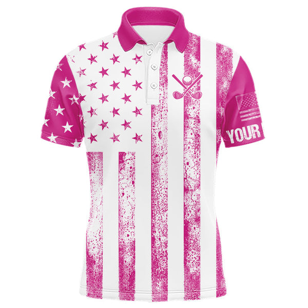 Maxcorners Personalized Pink & White American Flag Retro Men golf polo shirts Custom Patriotic golf top for men MT2407