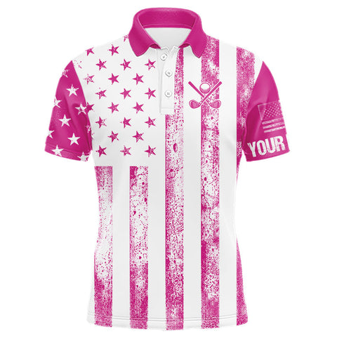Maxcorners Personalized Pink & White American Flag Retro Men golf polo shirts Custom Patriotic golf top for men MT2407